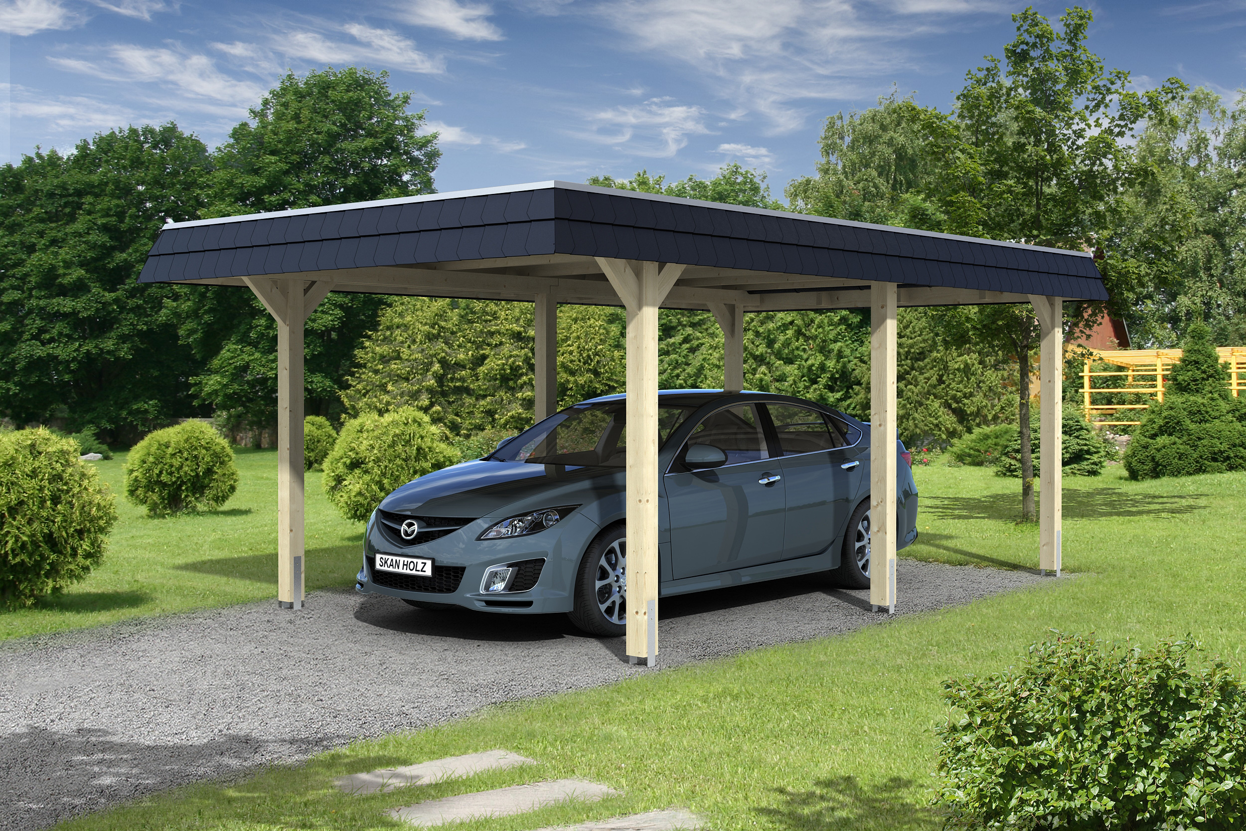 Carport Bois Double Pente avec six Poteaux-Abris Jardin Azur